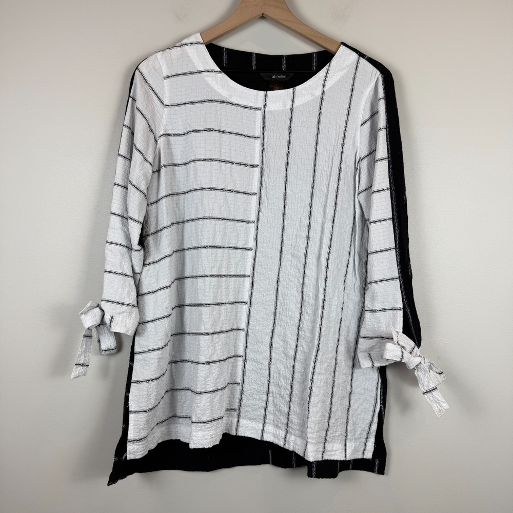 Ali Miles Tunic Top Women's S White Black Striped Stretch Tie-Sleeve Art to Wear